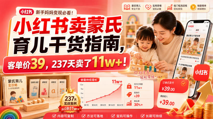 小红书卖蒙氏育儿干货指南，客单价39，237天卖了11w+！-星云网创