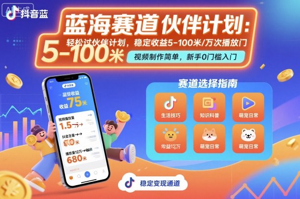 抖音蓝海赛道，轻松过伙伴计划，视频制作简单，万次播放收益在5-100米，稳定收益-星云网创