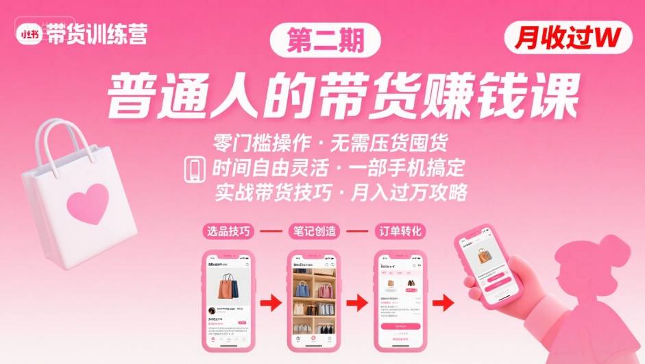 小红书带货第二期训练营，普通人月收过W的带货课，时间自由，零门槛无压货，一部手机即可操作-星云网创