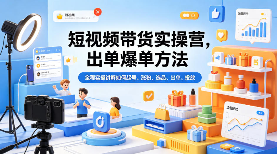 短视频带货实操营，出单爆单方法，全程实操讲解如何起号、涨粉、选品、出单、投放-星云网创