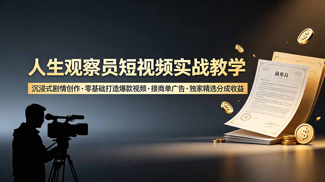 人生观察员短视频实战教学，沉浸式剧情创作，零基础打造爆款视频，接商单广告，独家精选分成收益-星云网创