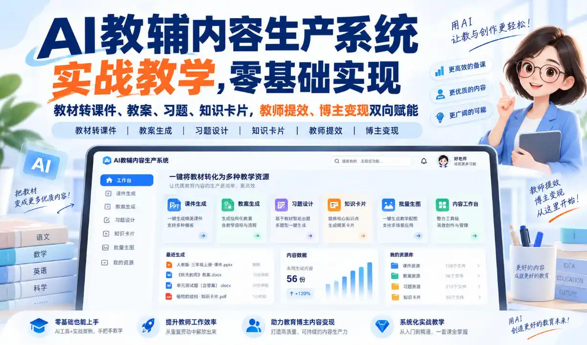 AI教辅内容生产系统实战教学，零基础实现教材转课件、教案、习题、知识卡片，教师提效、博主变现双向赋能