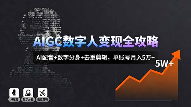 AIGC数字人变现全攻略，AI配音+数字分身+去重剪辑，单账号月入5万+-云网创