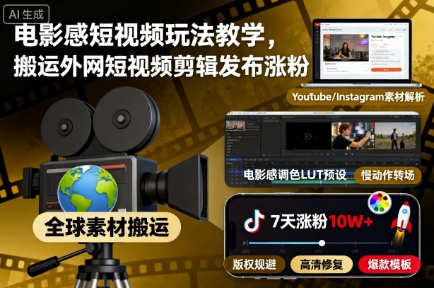 电影感短视频玩法教学，搬运外网短视频剪辑发布涨粉-星云网创