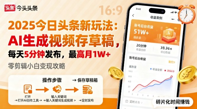 2025年今日头条躺賺新玩法，AI生成视频存草稿，每天5分钟发布，最高月1W+【揭秘】-星云网创