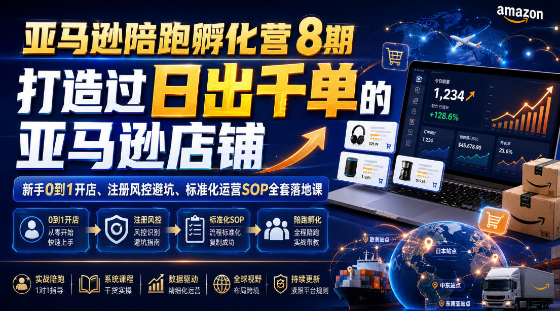 亚马逊陪跑孵化营8期，打造过日出千单的亚马逊店铺，新手0到1开店、注册风控避坑、标准化运营SOP全套落地课-星云网创