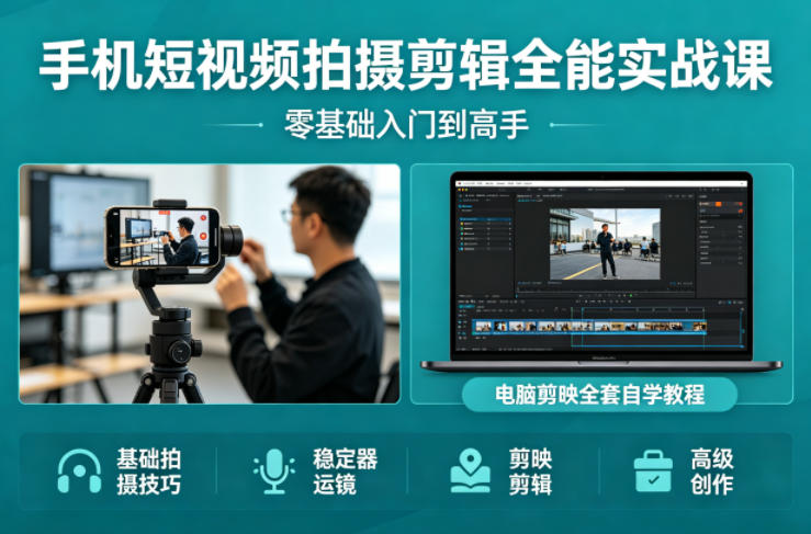 手机短视频拍摄剪辑全能实战课：零基础入门到高手，稳定器运镜+电脑剪映全套自学教程-星云网创