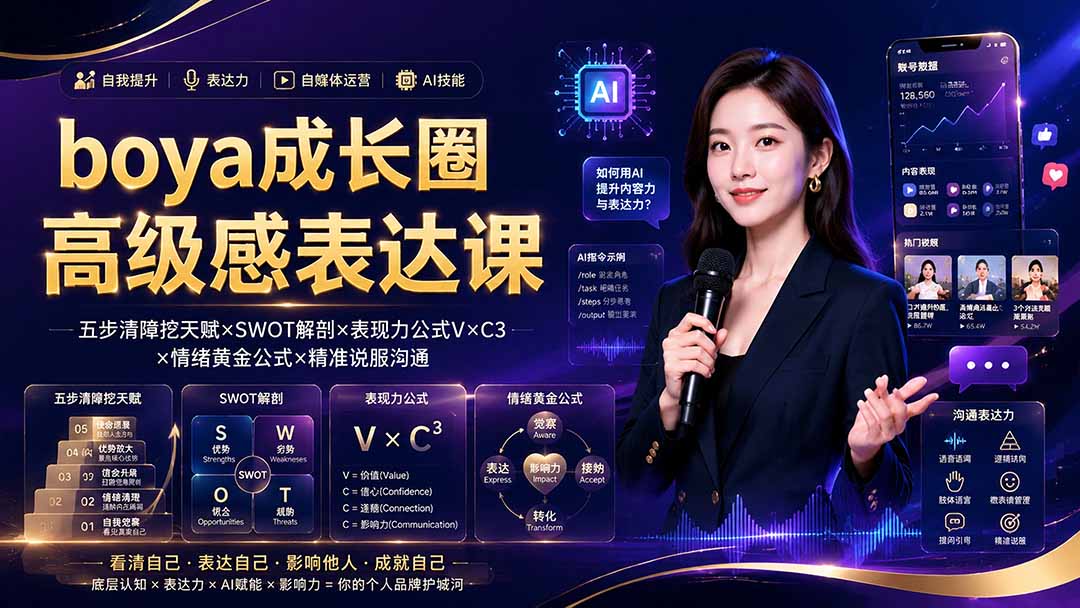 boya成长圈｜内心成长高级表达AI自媒体三合一，消解内耗挖掘天赋，镜头沟通AI指令短视频全流程教学-星云网创