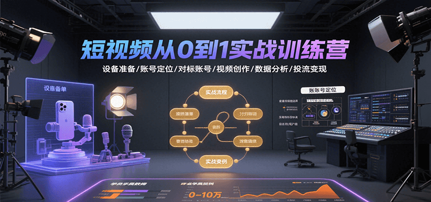 短视频从0到1实战训练营：设备准备/账号定位/对标账号/视频创作/数据分析/投流变现-星云网创