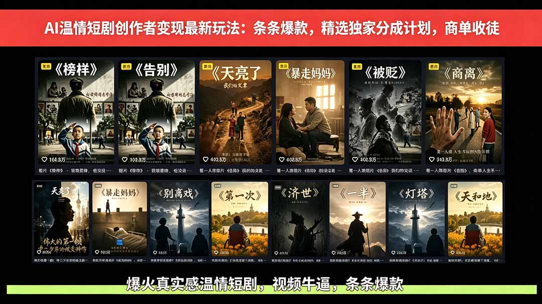 AI温情短剧创作者变现最新玩法：视频牛逼，条条爆款，精选独家分成计划，商单收徒-星云网创