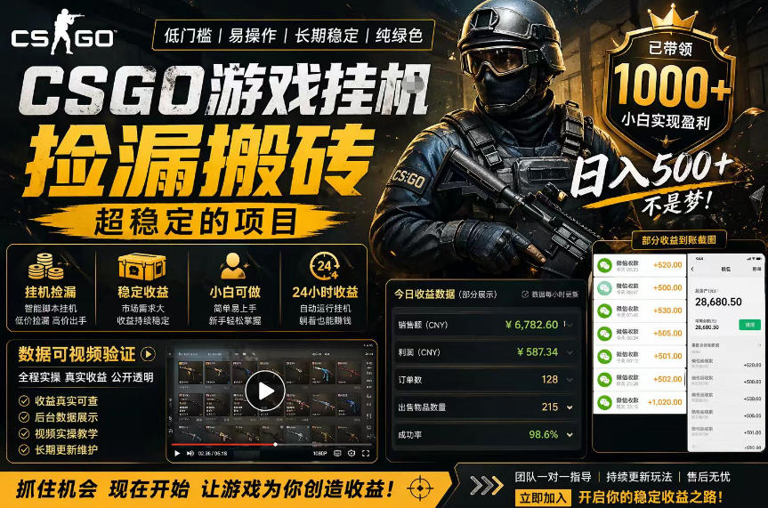 CSGO游戏搬砖，全自动挂G，不需要玩游戏，手机操作日入300+，解放双手【揭秘】-星云网创