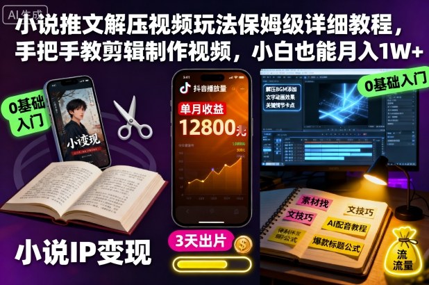 小说推文解压视频玩法保姆级详细教程,手把手教剪辑制作视频,小白也能月入1W+-柚子轻创