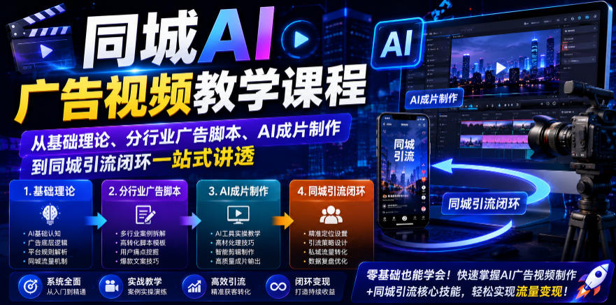 同城AI广告视频教学课程，从基础理论、分行业广告脚本、AI成片制作到同城引流闭环一站式讲透-星云网创