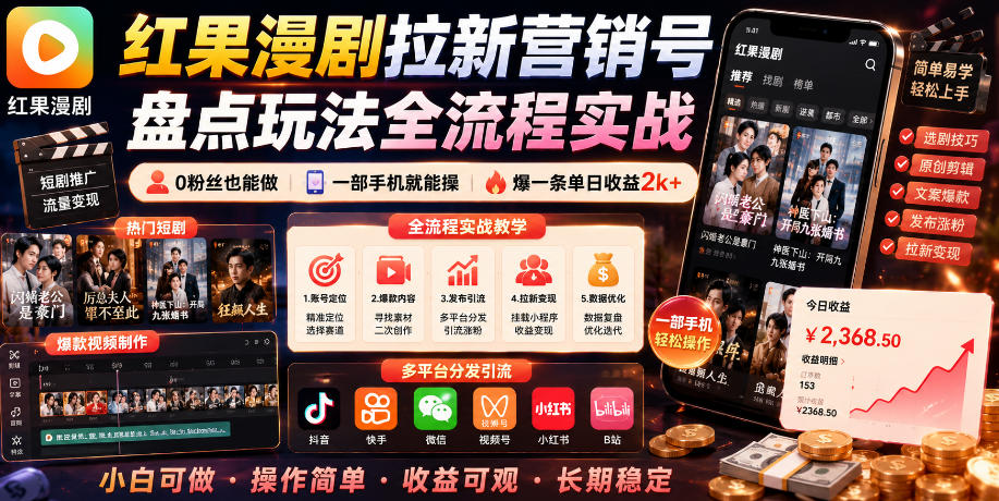 红果漫剧拉新营销号盘点玩法全流程实战，0粉丝也能做，一部手机就能做，爆一条单日收益2k+(更新0628)-星云网创