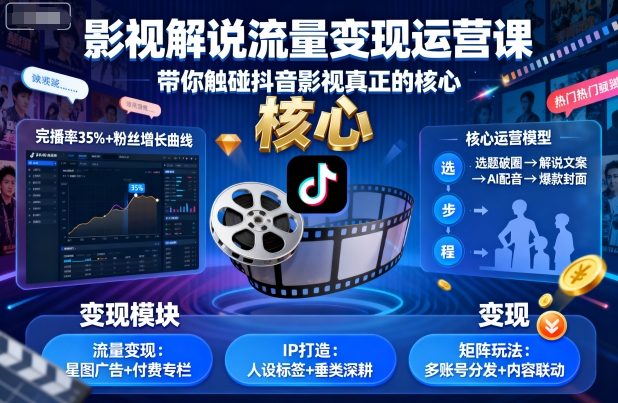 影视解说流量变现运营课，带你触碰抖音影视真正的核心-星云网创