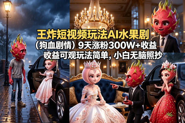 王炸短视频玩法AI水果剧(狗血剧情)9天涨粉300W+收益可观玩法简单，小白无脑照抄，详细拆解玩法-星云网创