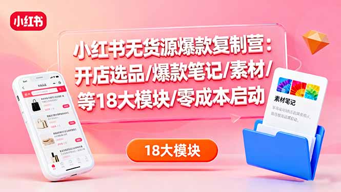 小红书无货源爆款复制营：开店选品/爆款笔记/素材/等18大模块/零成本启动-星云网创