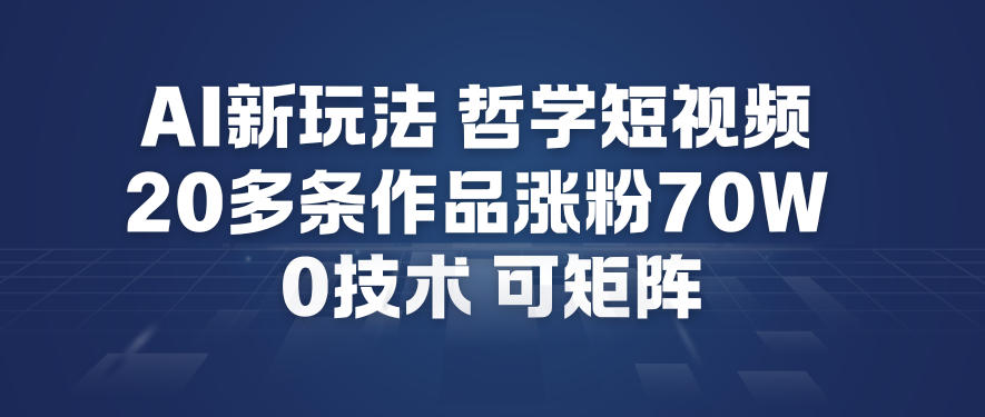 AI新玩法哲学短视频制作教学，20多条作品涨粉70W，0成本赛道，可矩阵-星云网创