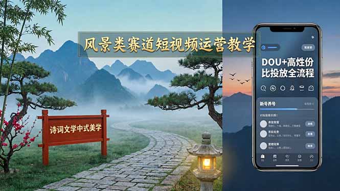 风景类赛道短视频运营教学：诗词文学中式美学，新号养号对标账号定位，DOU+高性价比投放全流程-星云网创
