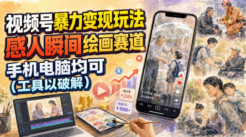 视频号暴力变现玩法，感人瞬间绘画赛道，手机电脑均可-星云网创