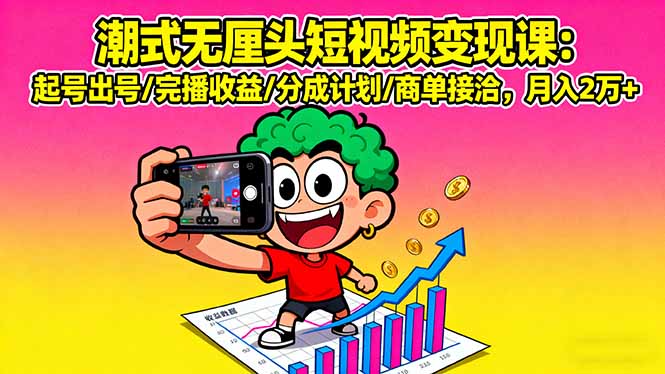 潮式无厘头短视频变现课：起号出号/完播收益/分成计划/商单接洽，月入2万+-我要项目网