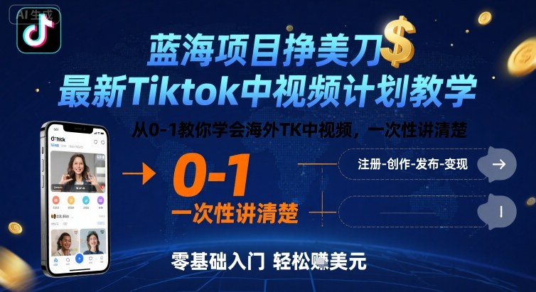 蓝海项目挣美刀，最新Tiktok中视频计划教学，从0-1教你学会海外TK中视频，一次性讲清楚-星云网创