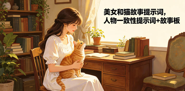美女和猫故事提示词，人物一致性提示词+故事板-星云网创