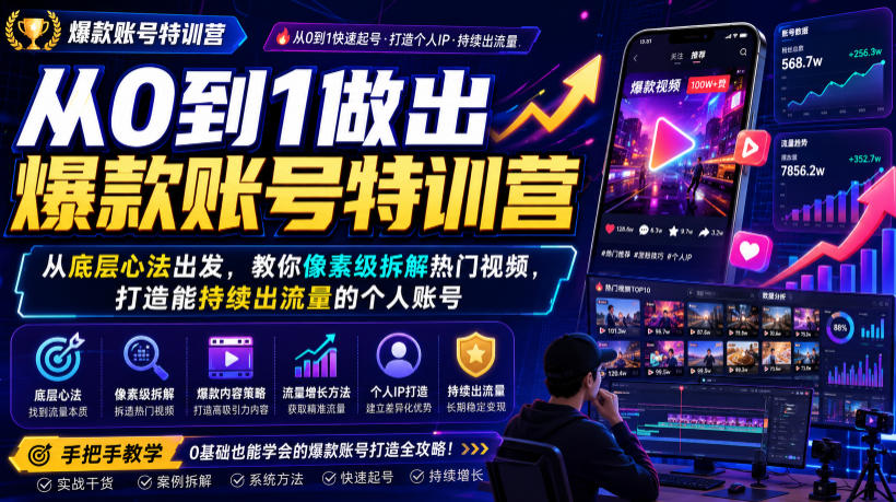 从0到1做出爆款账号特训营，从底层心法出发，教你像素级拆解热门视频，打造能持续出流量的个人账号-星云网创