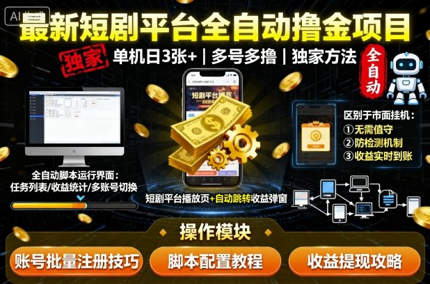 最新短剧平台全自动挂G撸金项目，单机一天3张+，多号多撸，区别于市面所有挂机项目，独家方法【揭秘】-星云网创