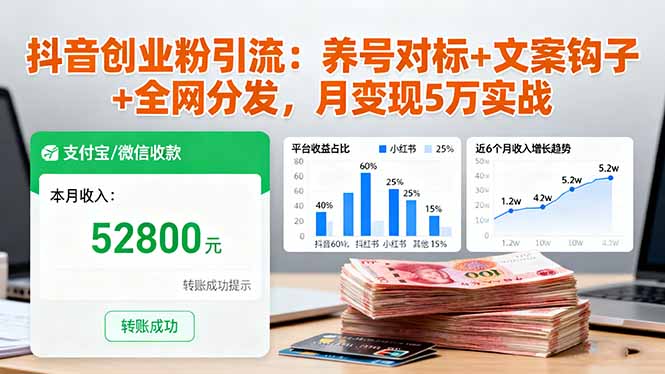 抖音创业粉引流：养号对标+文案钩子+全网分发，月变现5万实战-星云网创