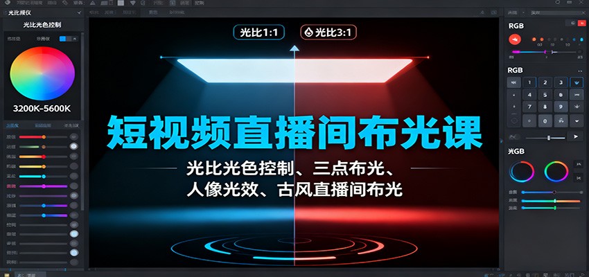 短视频直播间布光课:光比光色控制、三点布光、人像光效、古风直播间布光-星云网创