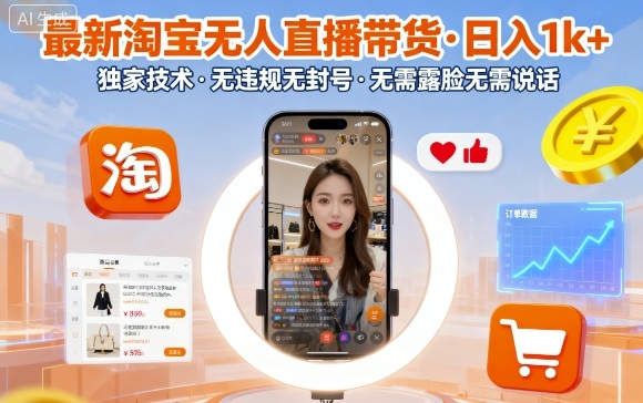 最新淘宝无人直播带货，日入1k+，独家技术，无违规无封号，无需露脸无需说话【揭秘】-柚子轻创