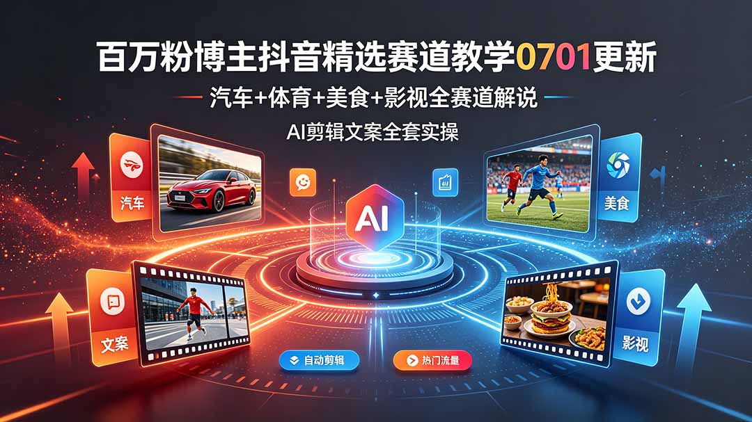 百万粉博主抖音精选赛道教学-0701更新，汽车+体育+美食+影视全赛道解说，AI剪辑文案全套实操-星云网创