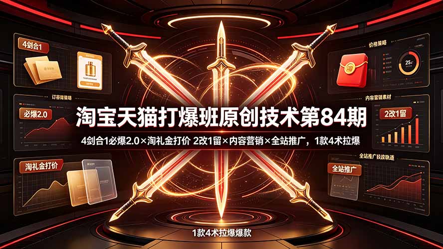淘宝天猫打爆班原创技术第84期：4剑合1必爆2.0×淘礼金打价×2改1留×内容营销×全站推广，1款4术拉爆-星云网创
