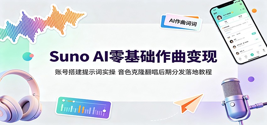 Suno AI零基础作曲变现：账号搭建提示词实操，音色克隆翻唱后期分发落地教程-星云网创