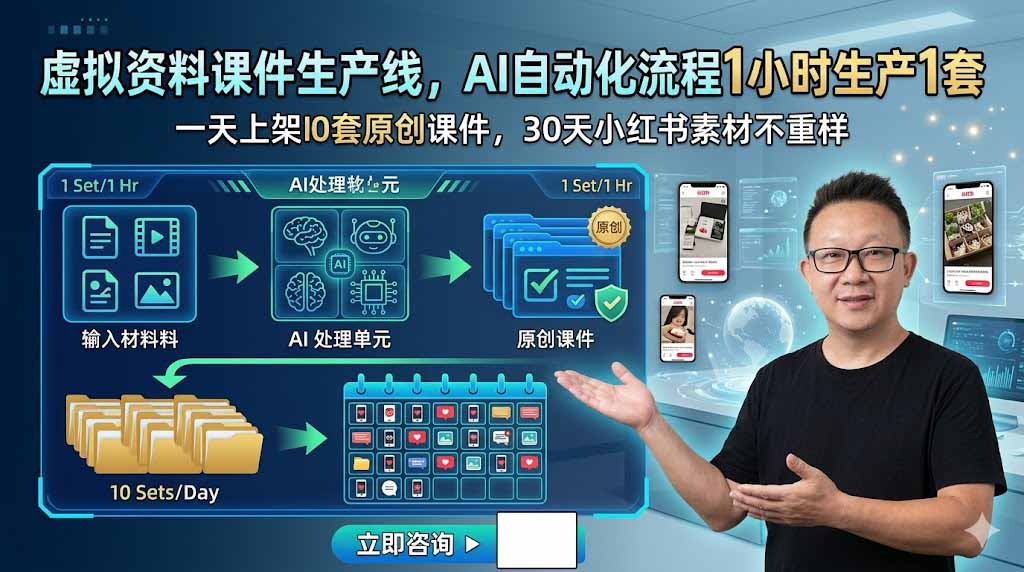 虚拟资料课件生产线，AI自动化流程1小时生产1套，一天上架10套原创课件，30天小红书素材不重样-星云网创