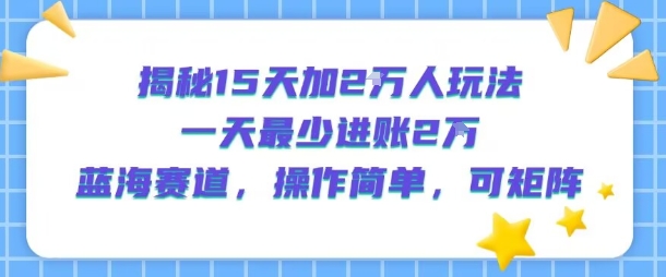 揭秘15天加2W人玩法，一天最少2万进账，蓝海赛道，操作简单，可矩阵-星云网创