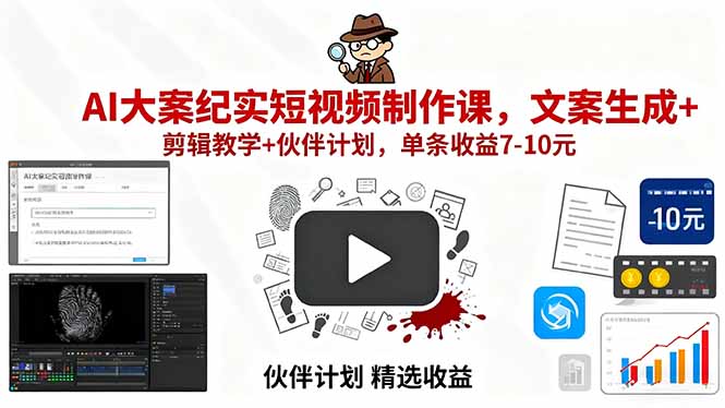 AI大案纪实短视频制作课，文案生成+剪辑教学+伙伴计划，单条收益7-10元-星云网创