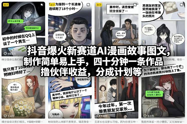 抖音爆火新赛道AI漫画故事图文，制作简单易上手，四十分钟一条作品，撸伙伴收益，分成计划等-星云网创