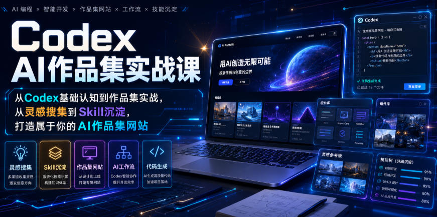 Codex AI作品集实战课，从Codex基础认知到作品集实战，从灵感搜集到Skill沉淀，打造属于你的AI作品集网站-星云网创