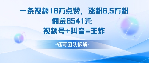 一条视频18W点赞，涨粉6.5W粉佣金8541米，视频号+抖音=王炸-柚子轻创