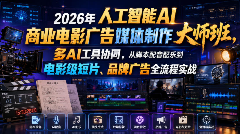 2026年人工智能AI商业电影广告媒体制作大师班，多AI工具协同，从脚本配音配乐到电影级短片、品牌广告全流程实战(中英字幕)-星云网创