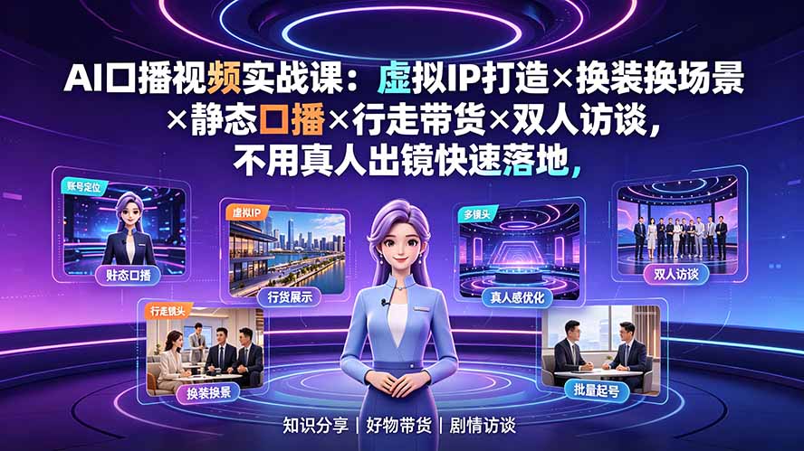 AI口播视频实战课：虚拟IP打造×换装换场景×静态口播×行走带货×双人访谈，不用真人出镜快速落地-星云网创