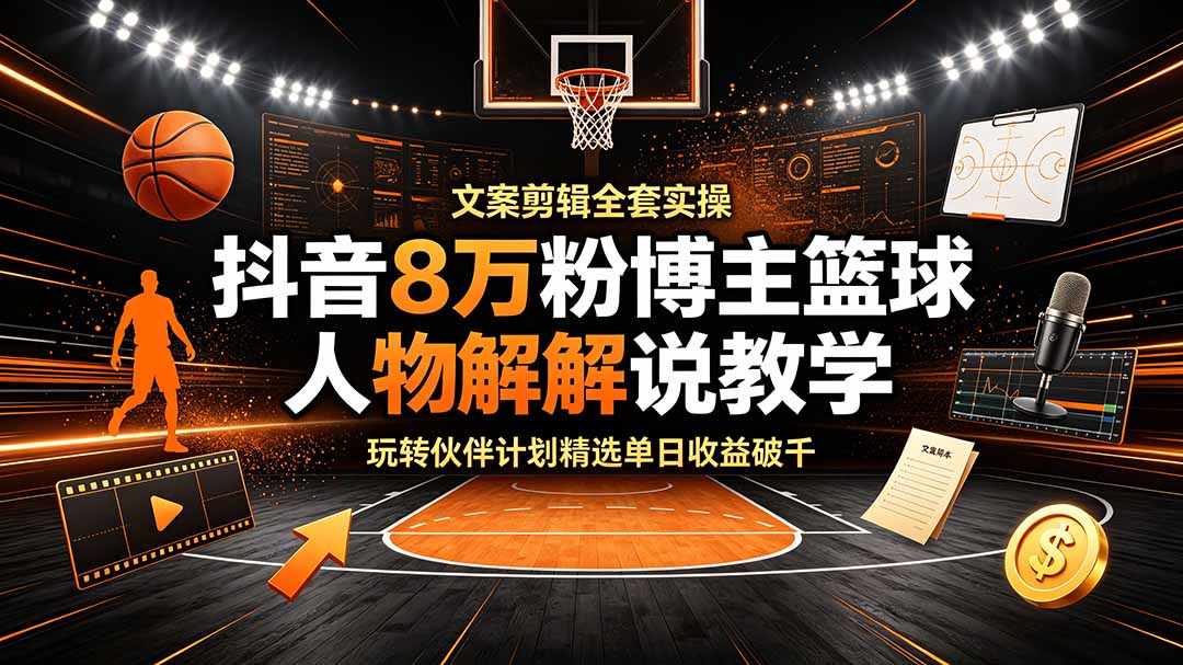 抖音8万粉博主篮球人物解说教学，文案剪辑全套实操，玩转伙伴计划精选单日收益破千-星云网创