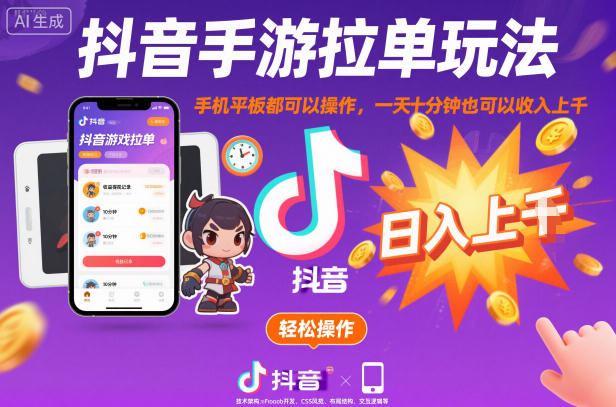 抖音手游拉单玩法，手机平板都可以操作，一天十分钟也可以收入上K【揭秘】-我要项目网