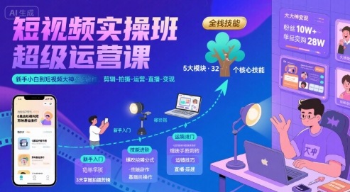 短视频实操班超级运营课，新手小白到短视频大神必修课程，剪辑-拍摄-运营-直播-变现-星云网创