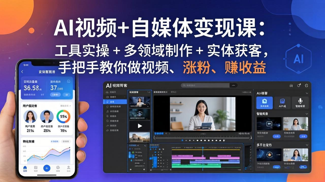 AI视频+自媒体变现课:工具实操 + 多领域制作 + 实体获客,手把手教你做视频、涨粉、赚收益-云网创
