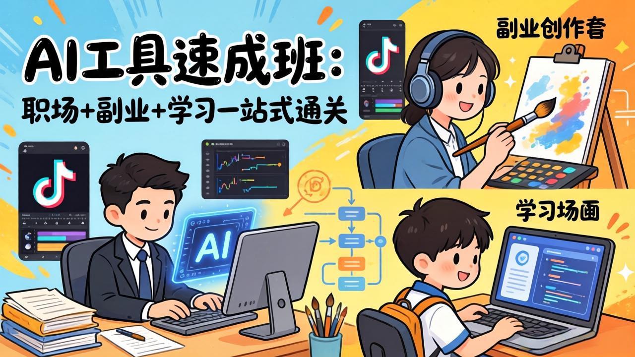 AI工具速成班：职场+副业+学习一站式通关，20+爆款类型+剪映技巧+抖音算法，0基础快速上手-星云网创
