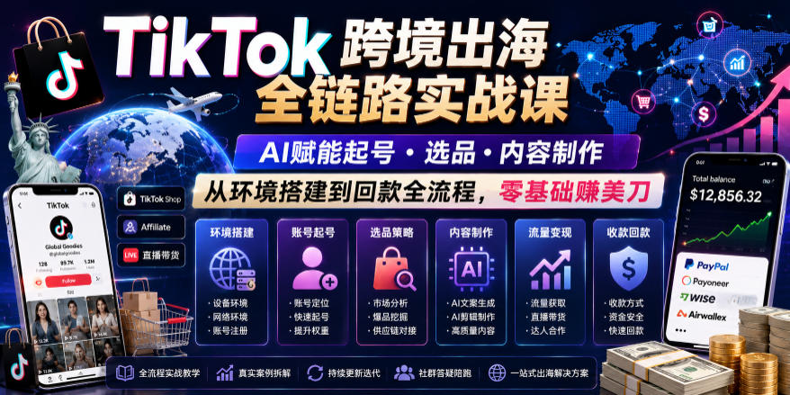 TikTok跨境出海全链路实战课，AI赋能起号・选品・内容制作，从环境搭建到回款全流程，零基础賺美刀-星云网创