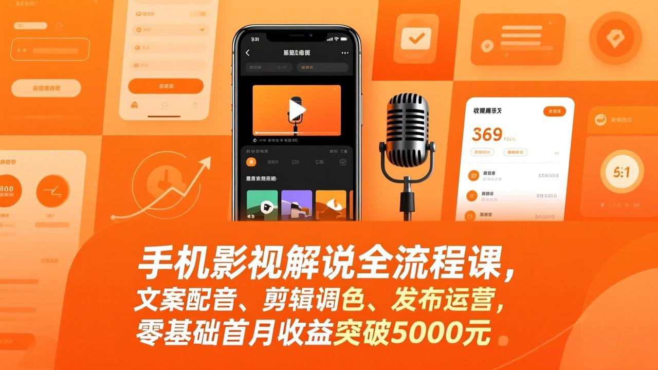 手机影视解说全流程课，文案配音、剪辑调色、发布运营，零基础首月收益突破5000元-星云网创